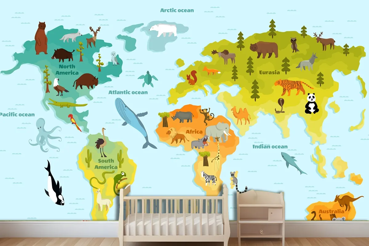 Funny Cartoon Animal World Map For Children With The Continents Wallpaper Mural