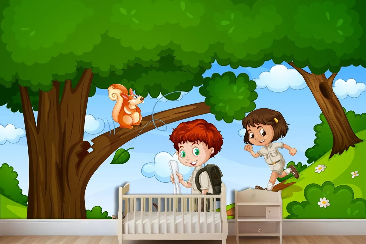 Boy And Girl Enjoy In The Park With Cute Animal Scene Wallpaper Mural