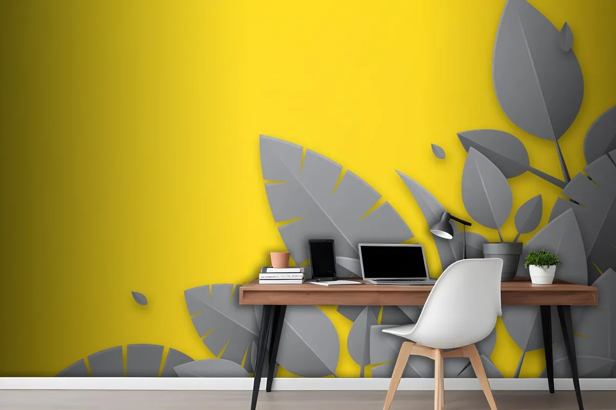 Yellow Background And Gray Leaves Office Wallpaper Mural