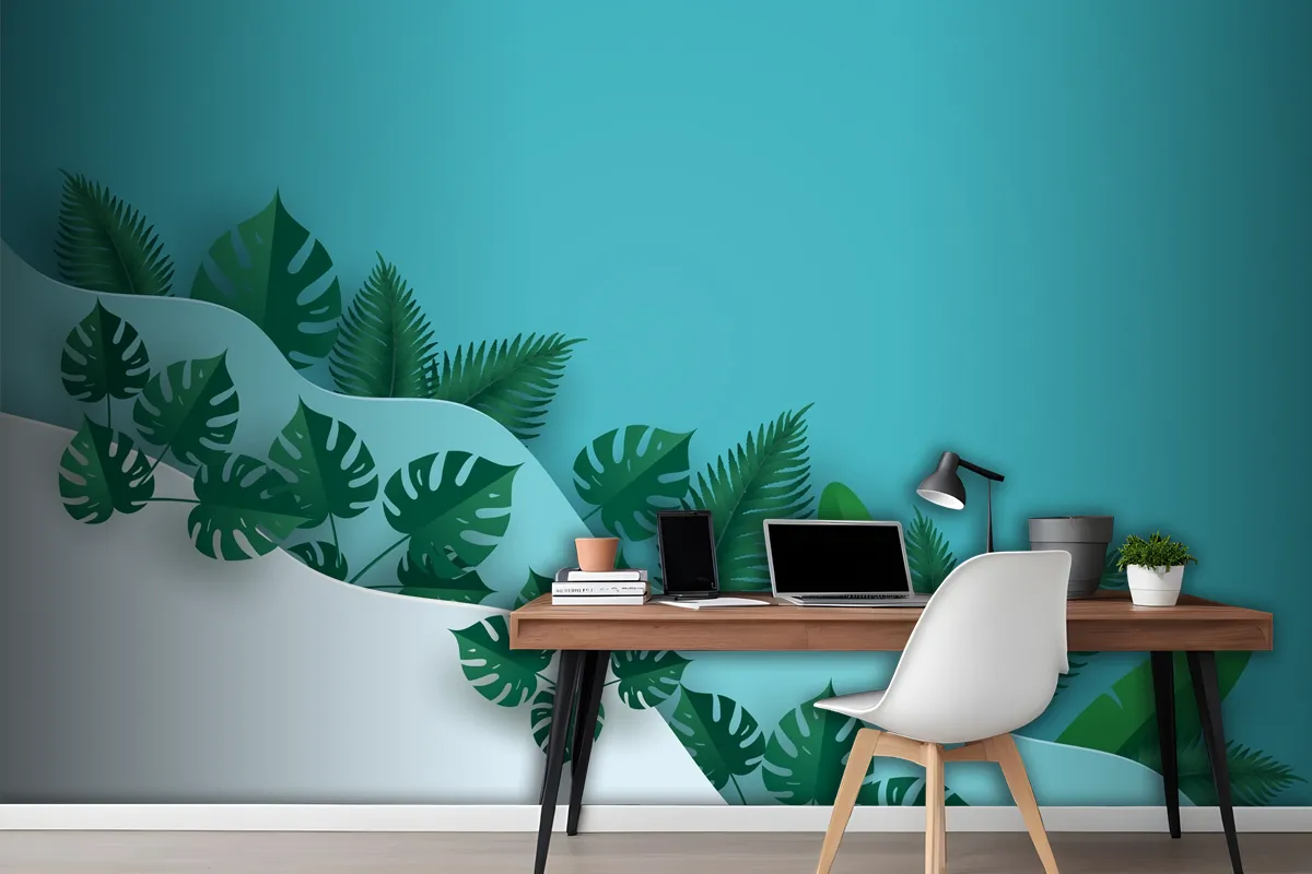 Green Leafs Or Foliage In Multi Wave Layer Wallpaper Mural