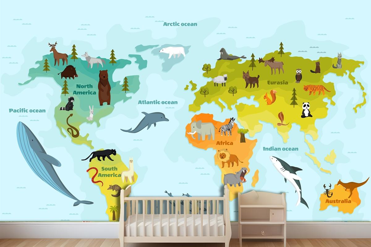 World Map With Different Animal Wallpaper Mural