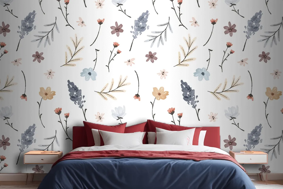 Hand Painted Watercolor Pressed Flowers Pattern Wallpaper Mural