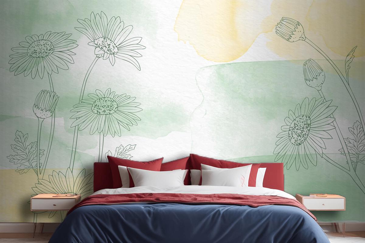 Hand Painted Background With Drawn Flowers Wallpaper Mural