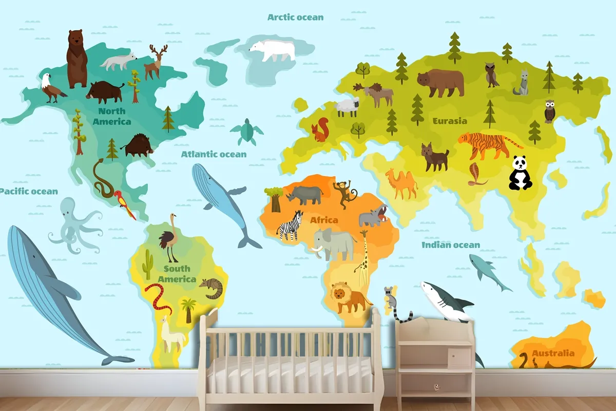 World Map With Different Animal Wallpaper Mural