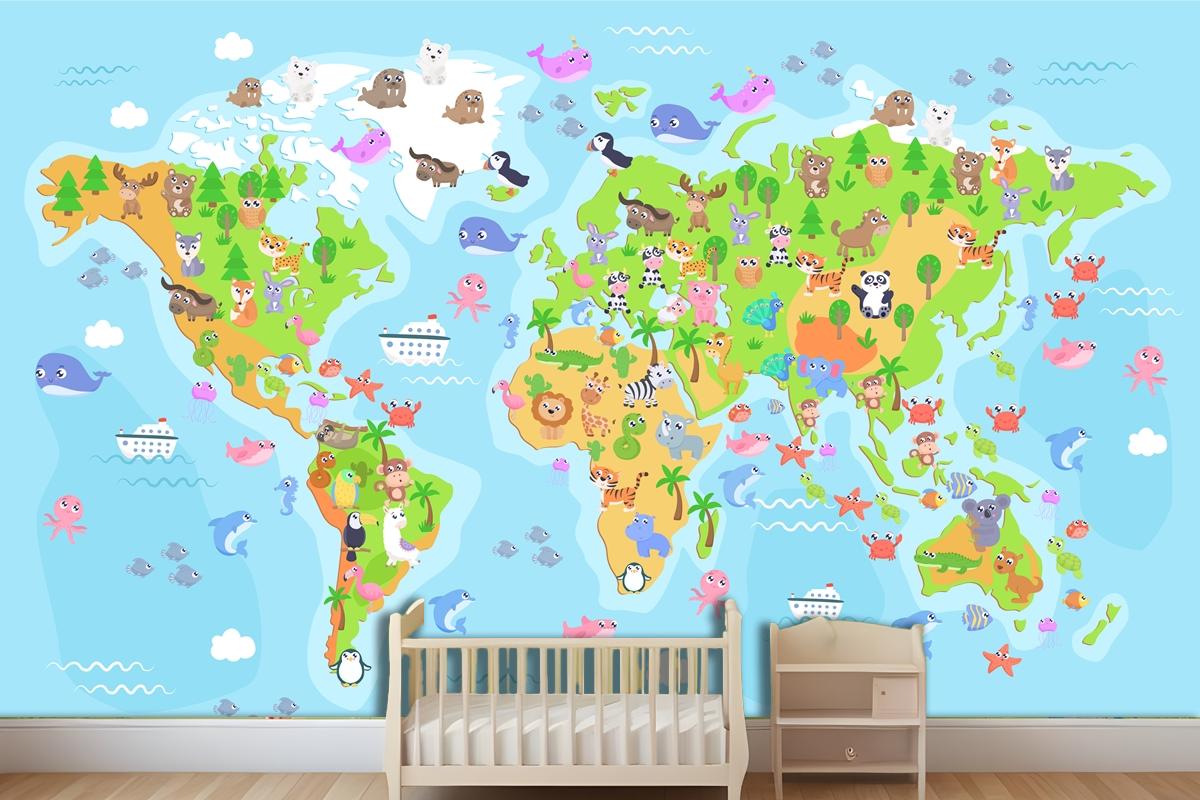  World Map With Animals For Kids Wallpaper Mural