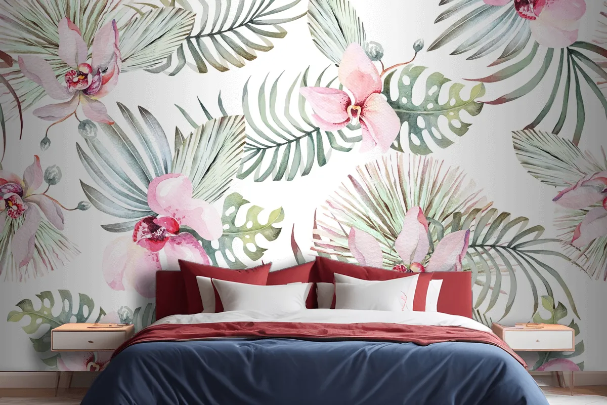 Seamless Pattern Of Tropical Plant Orchid And Flower For Fabric Wallpaper Mural