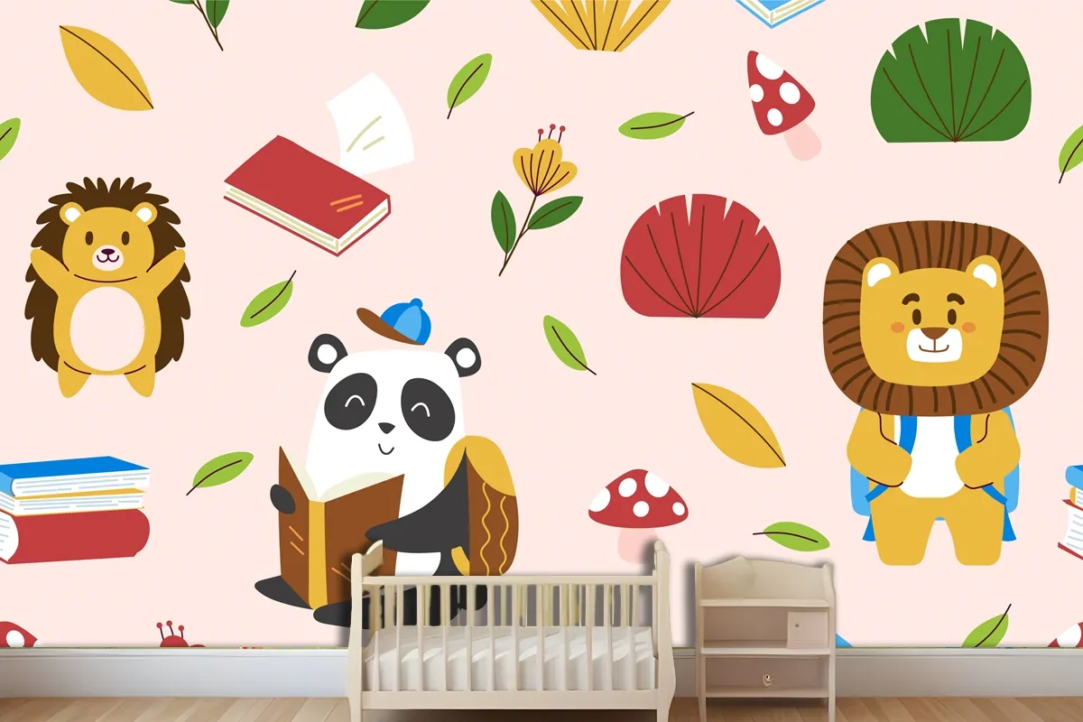 Hand Drawn Childlike Animals Pattern Wallpaper Mural