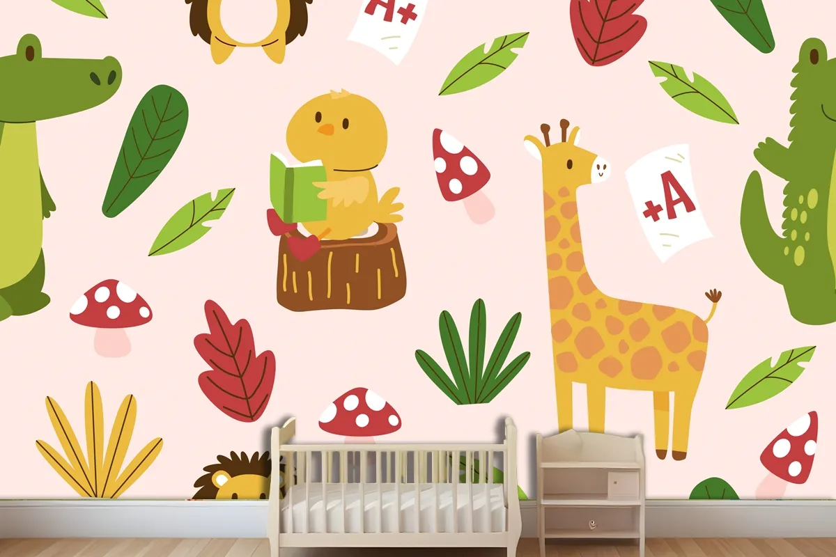 Hand Drawn Childlike Animals Pattern Wallpaper Mural