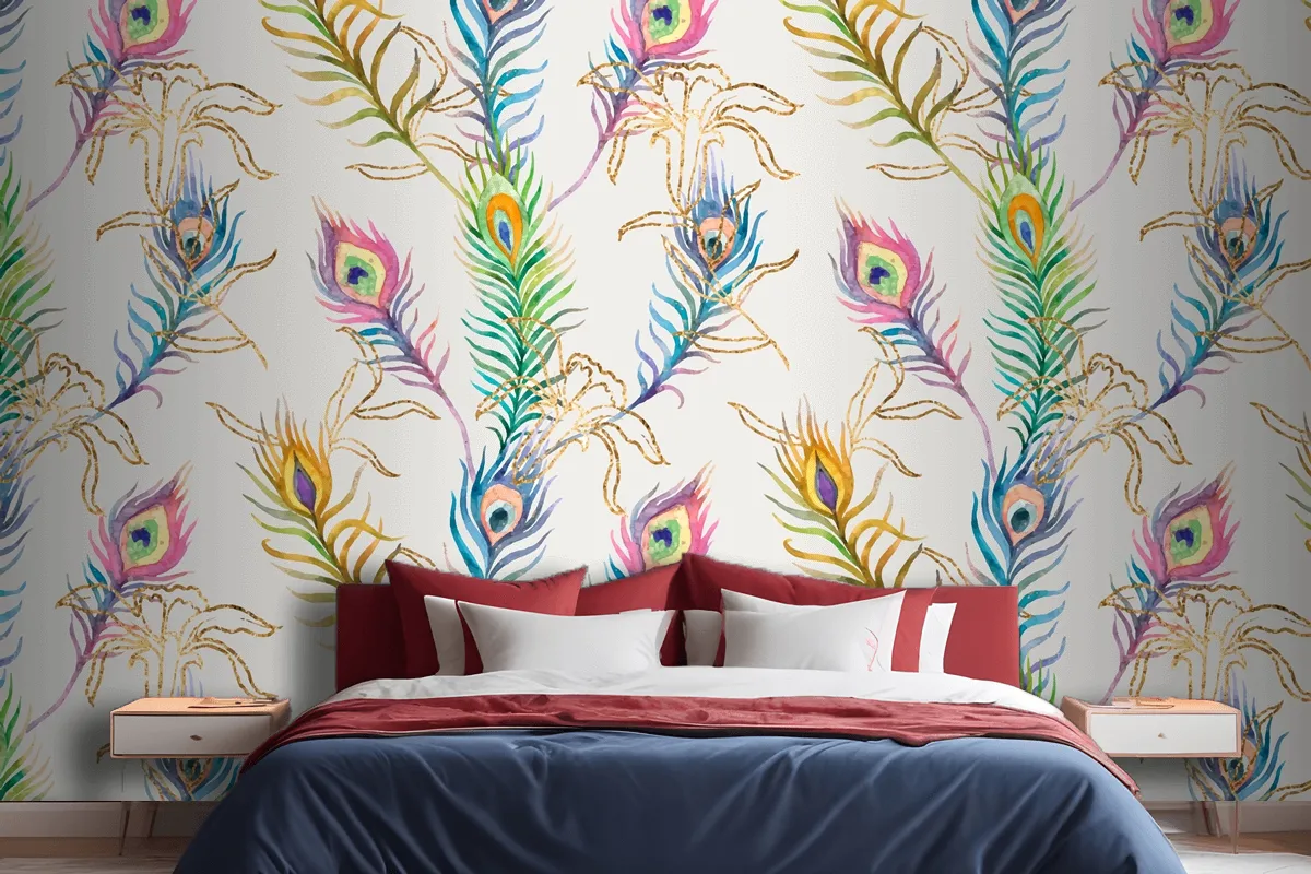 Background Of Peacock Feather Colorful Watercolor Pattern Wallpaper Mural