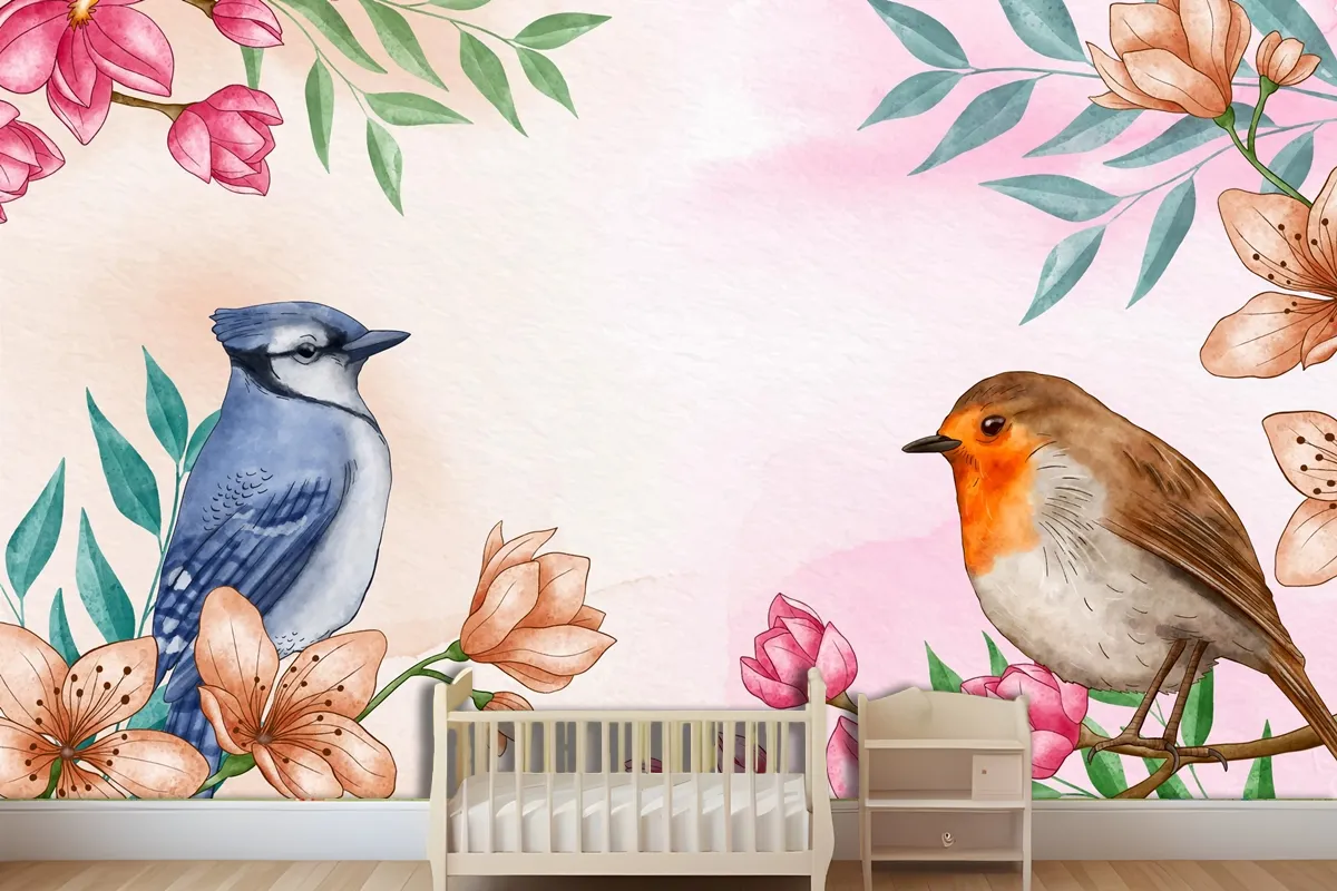 Hand Painted Watercolor Floral Birds Background Wallpaper Mural