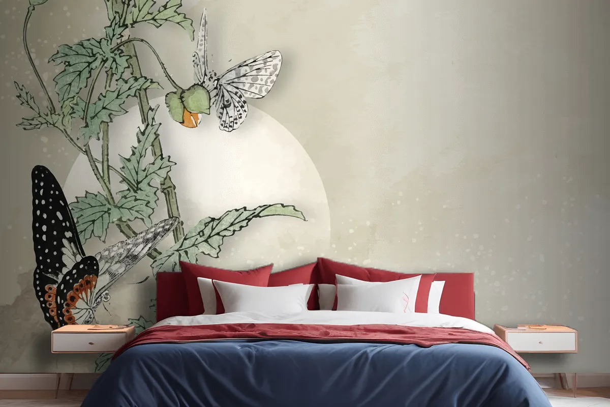 Leafy Butterfly Frame Design Wallpaper Mural