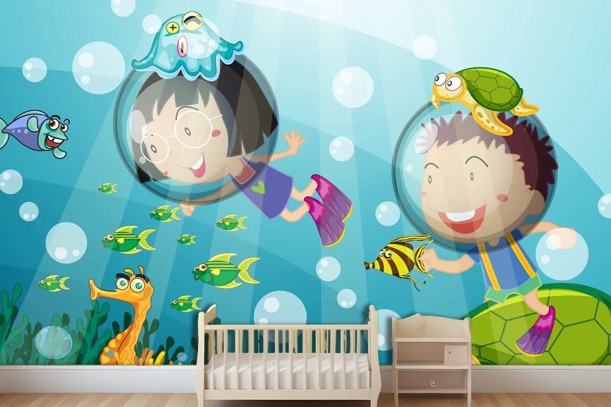 Underwater Scene With Happy Kids Scuba Diving Wallpaper Mural