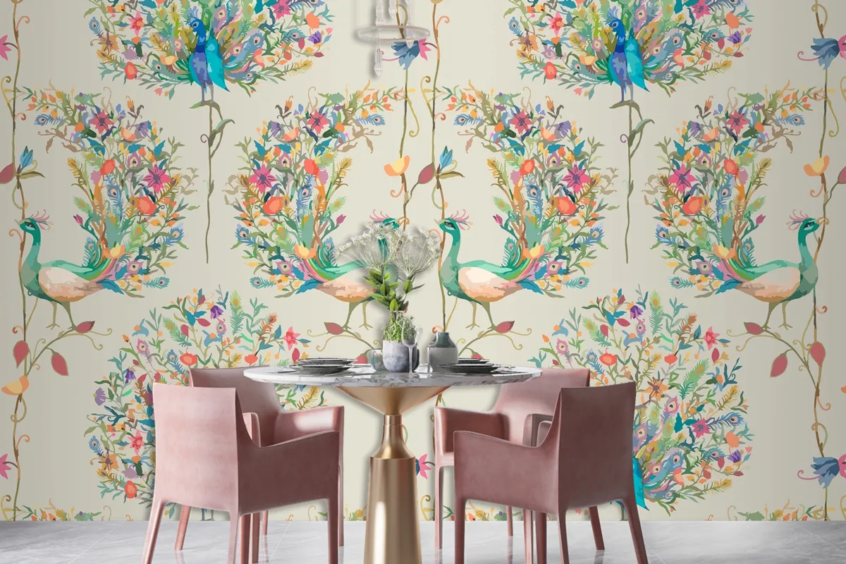 Pattern Background With Watercolor Peacock And Flower Wallpaper Mural