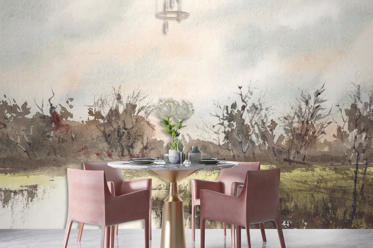 Village Nature Watercolor Painting Art Wallpaper Mural