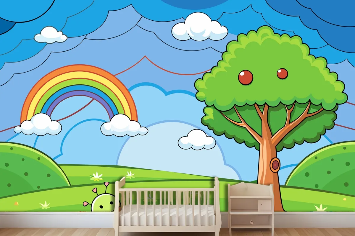 A Colorful Illustration Of A Rainbow With A Tree And A Rainbow In The Wallpaper Mural