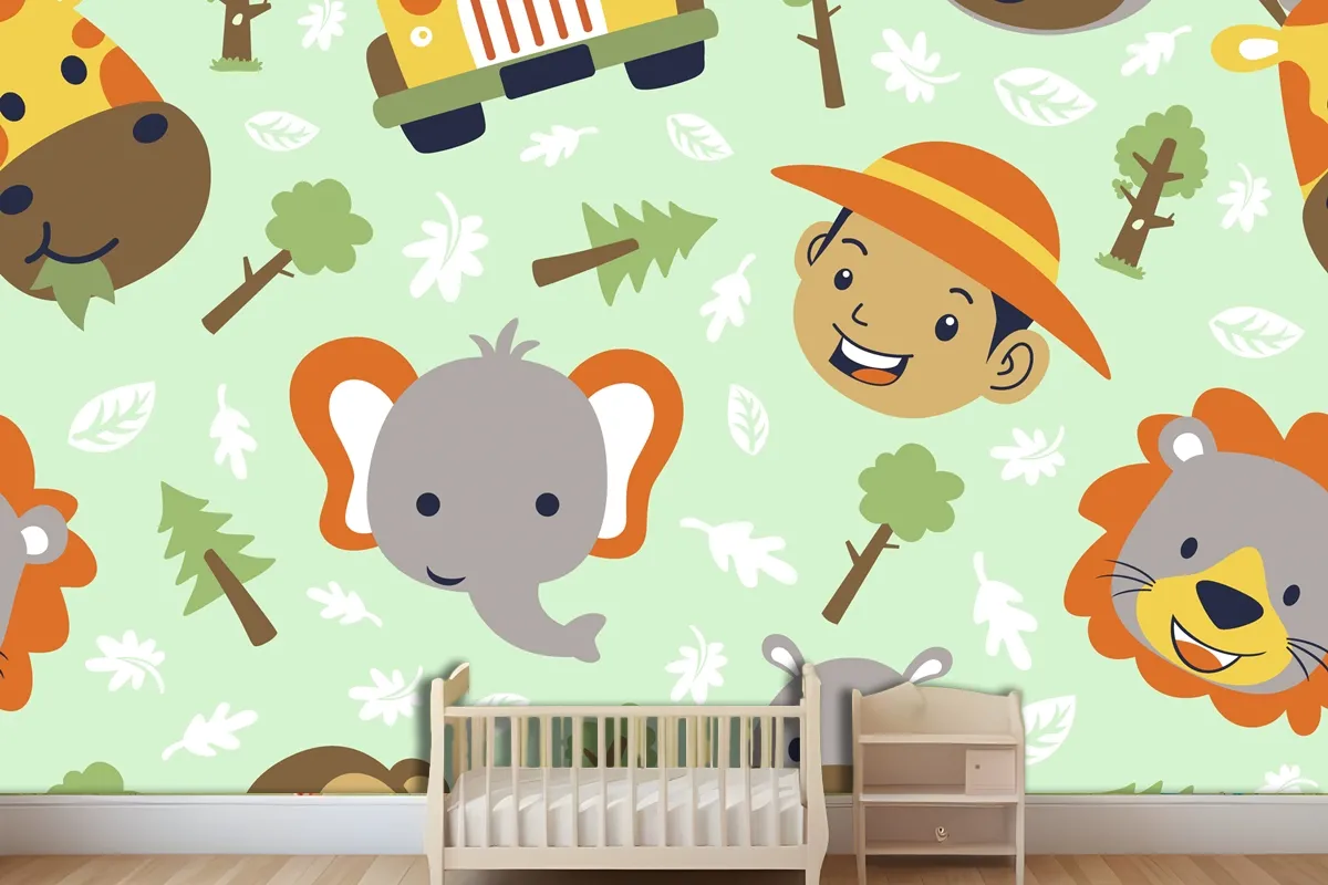 Funny Safari Animals Head Cartoon With Little Boy Head On Seamless Pattern Wallpaper Mural