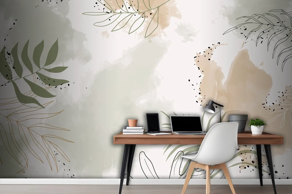 Beige Leafy Watercolor Background Wallpaper Mural