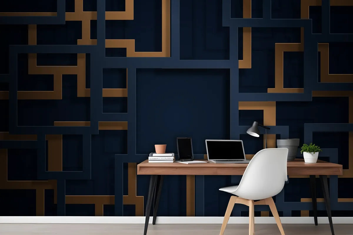 3D Blue And Gold Lines In Paper Cut Style Wallpaper Mural