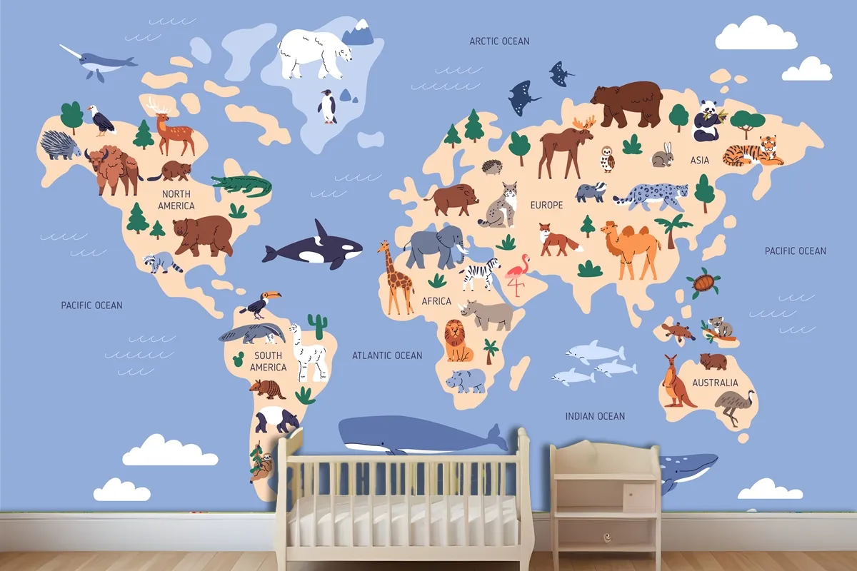 World Map With Animals In Water And On Earth Geography Wallpaper Mural