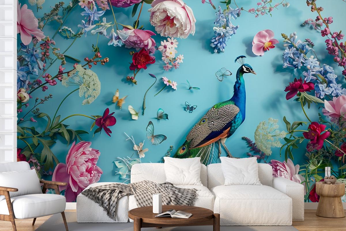 A Peacock Surrounded By Flowers And Butterflies Wallpaper Mural