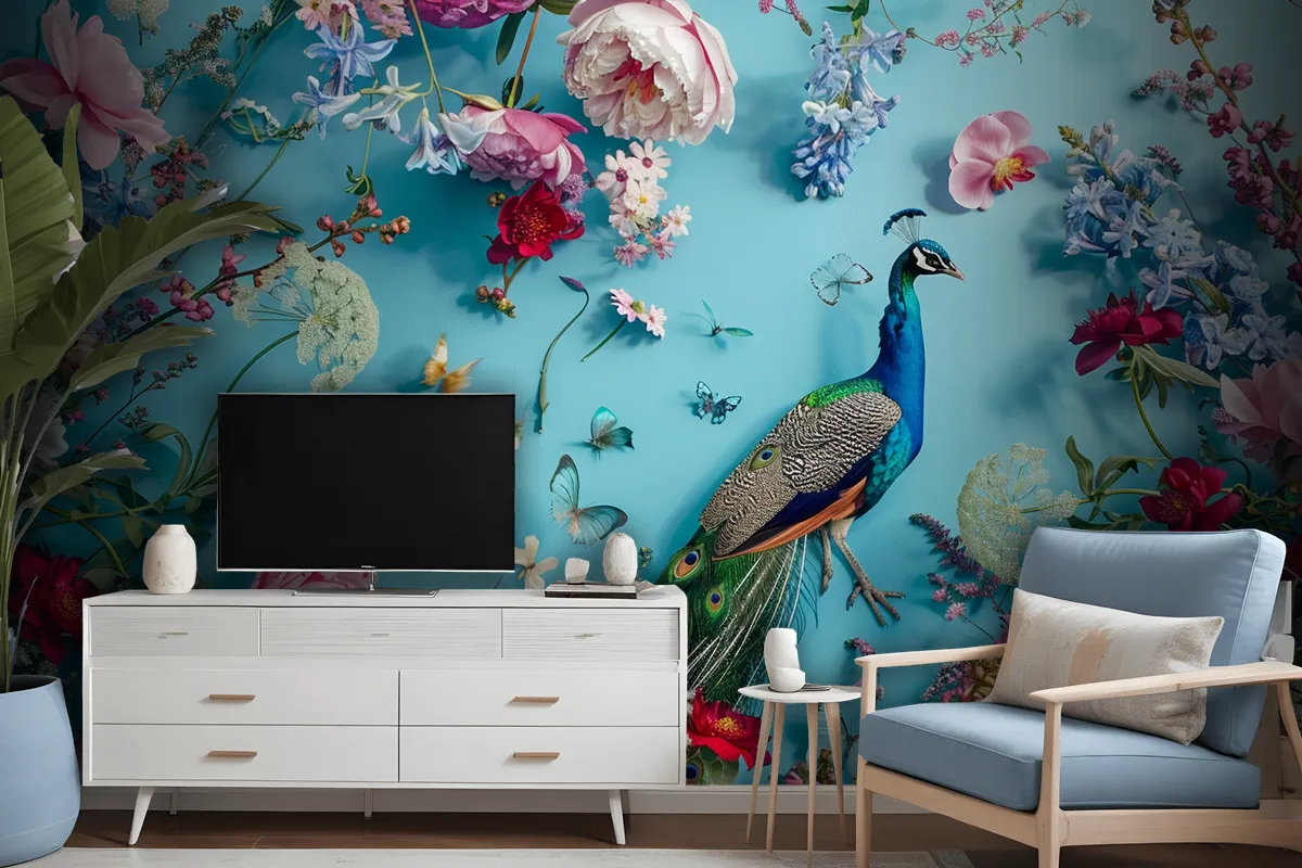 A Peacock Surrounded By Flowers And Butterflies Wallpaper Mural