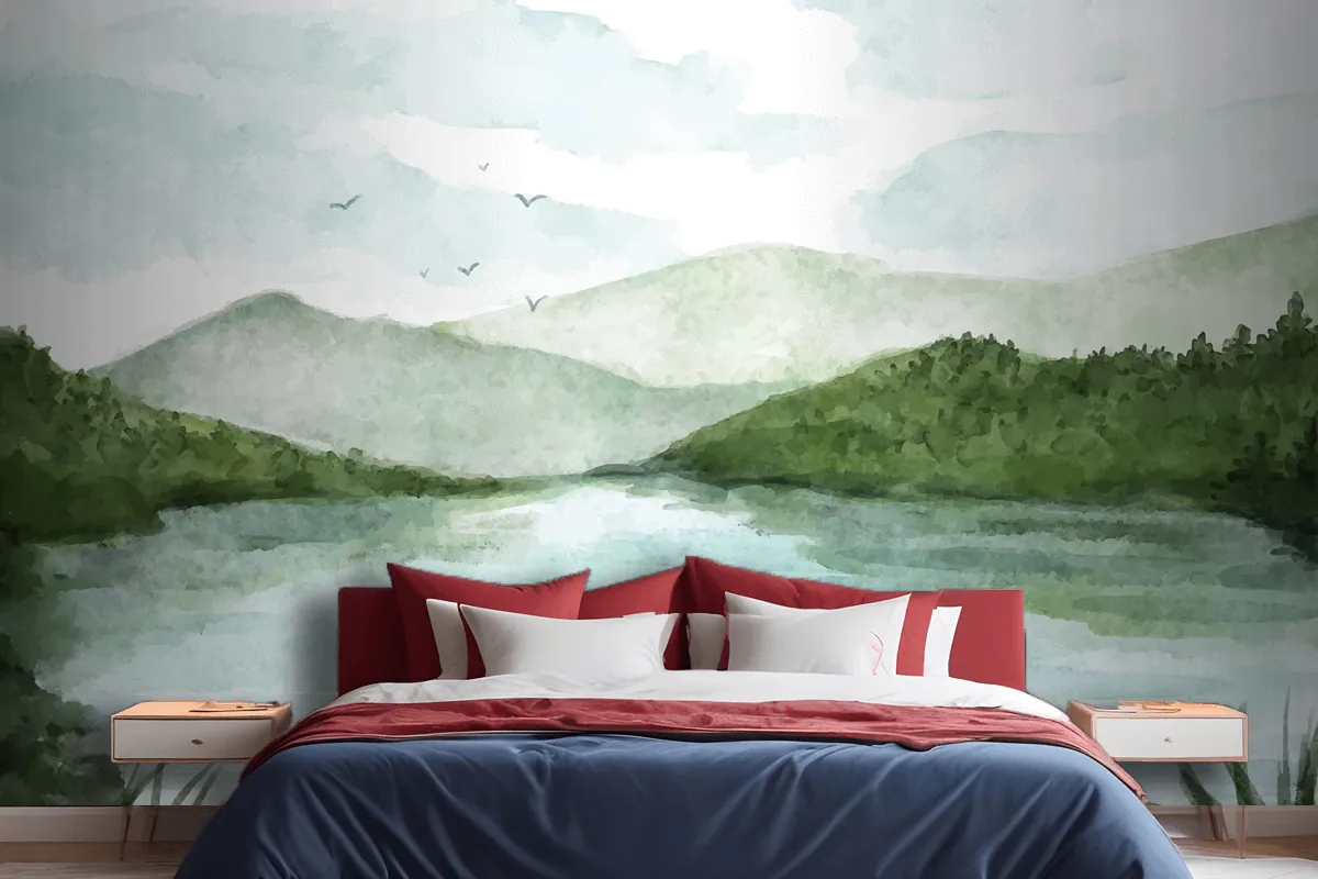 Watercolor Lake Scenery Wallpaper Mural