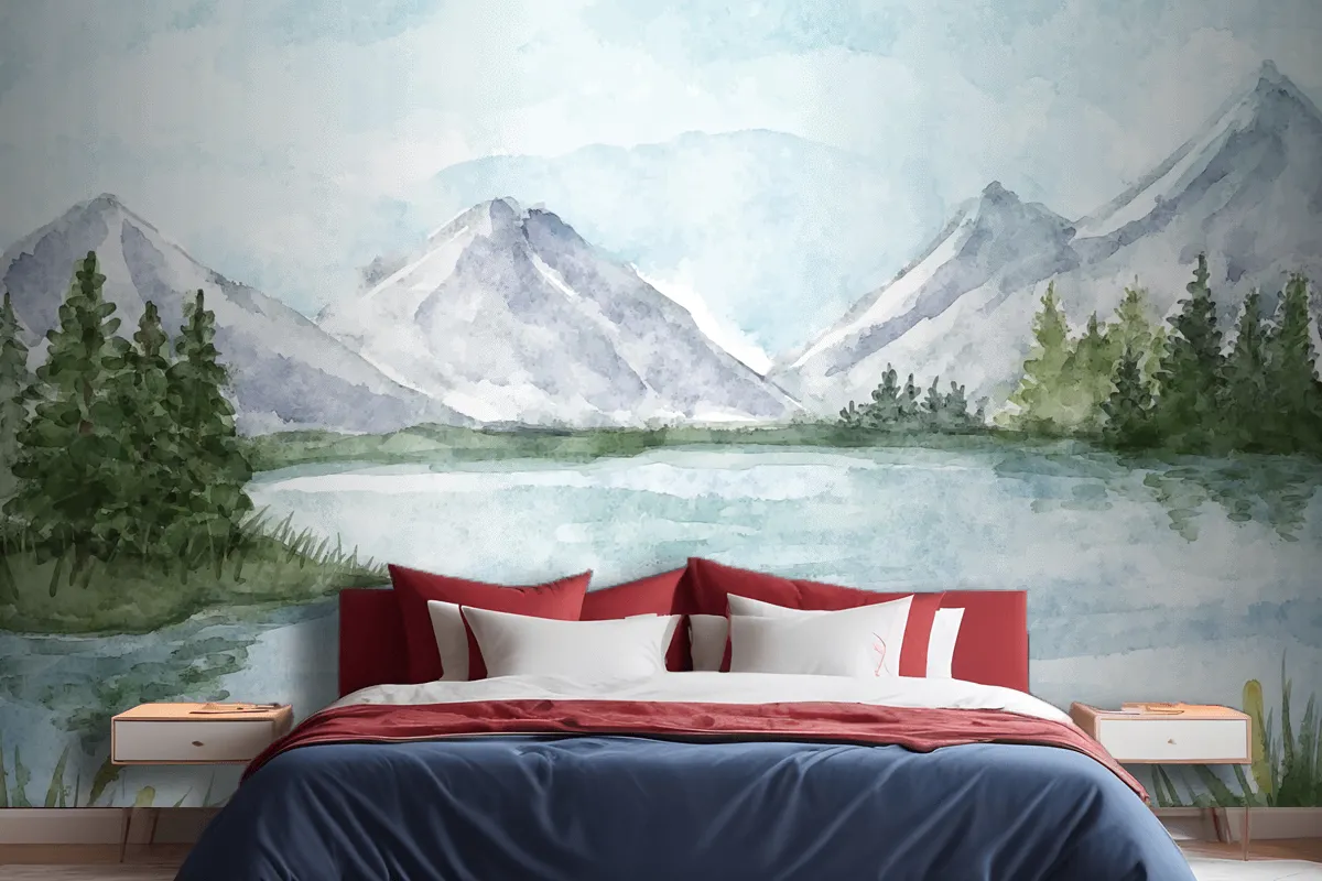 Watercolor Lake Scenery Wallpaper Mural