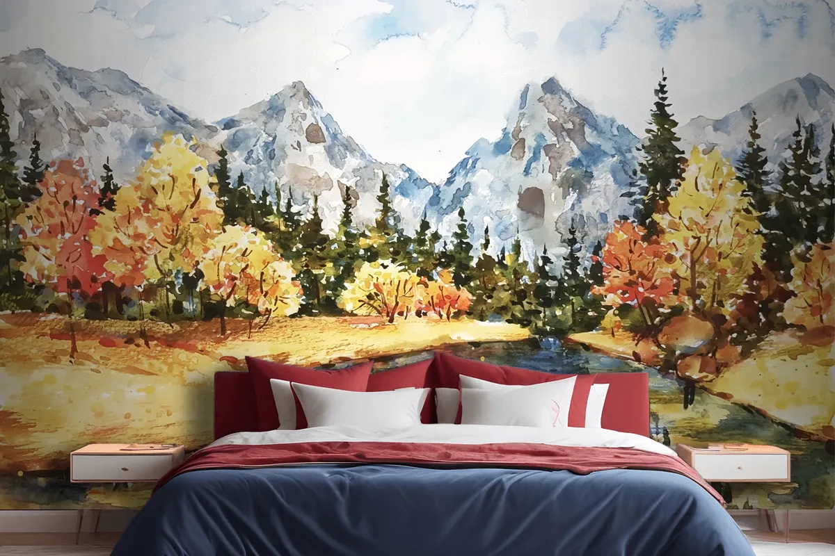 Watercolor Autumn Landscape Wallpaper Mural