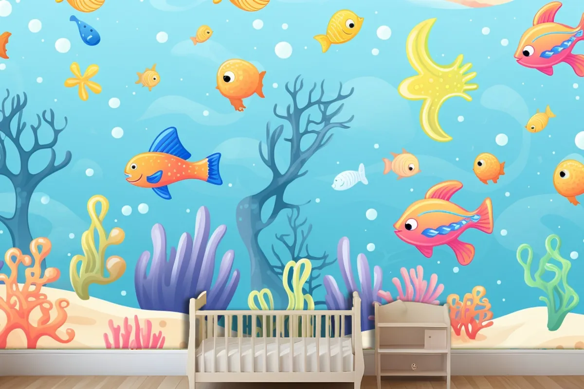 A Painting Of A Coral Reef With A Clown Fish And Coral Wallpaper Mural