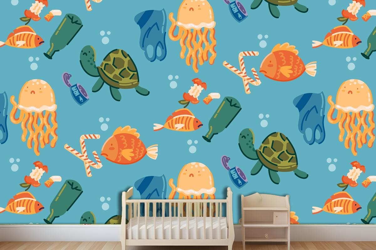 Hand Drawn Save The Oceans Pattern Wallpaper Mural