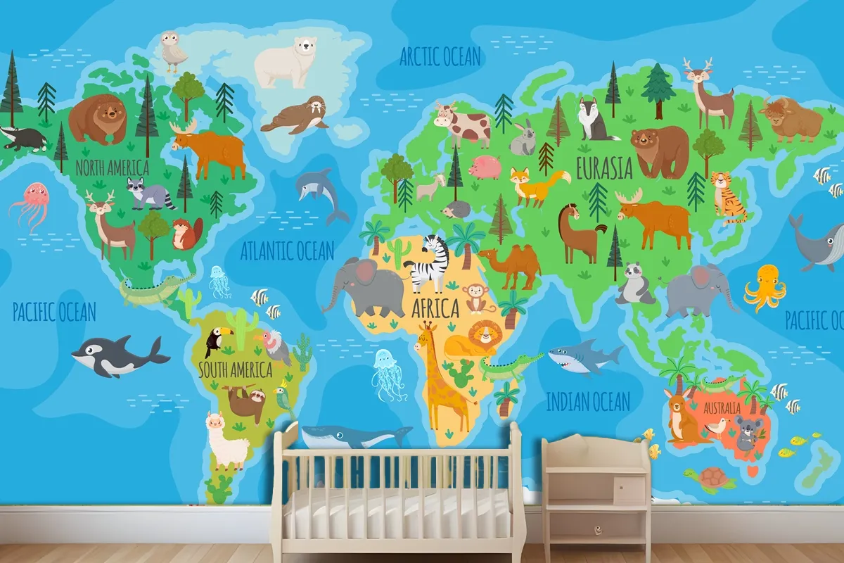 Cartoon World Map For Kids Nursery With Forest Animals Wallpaper Mural