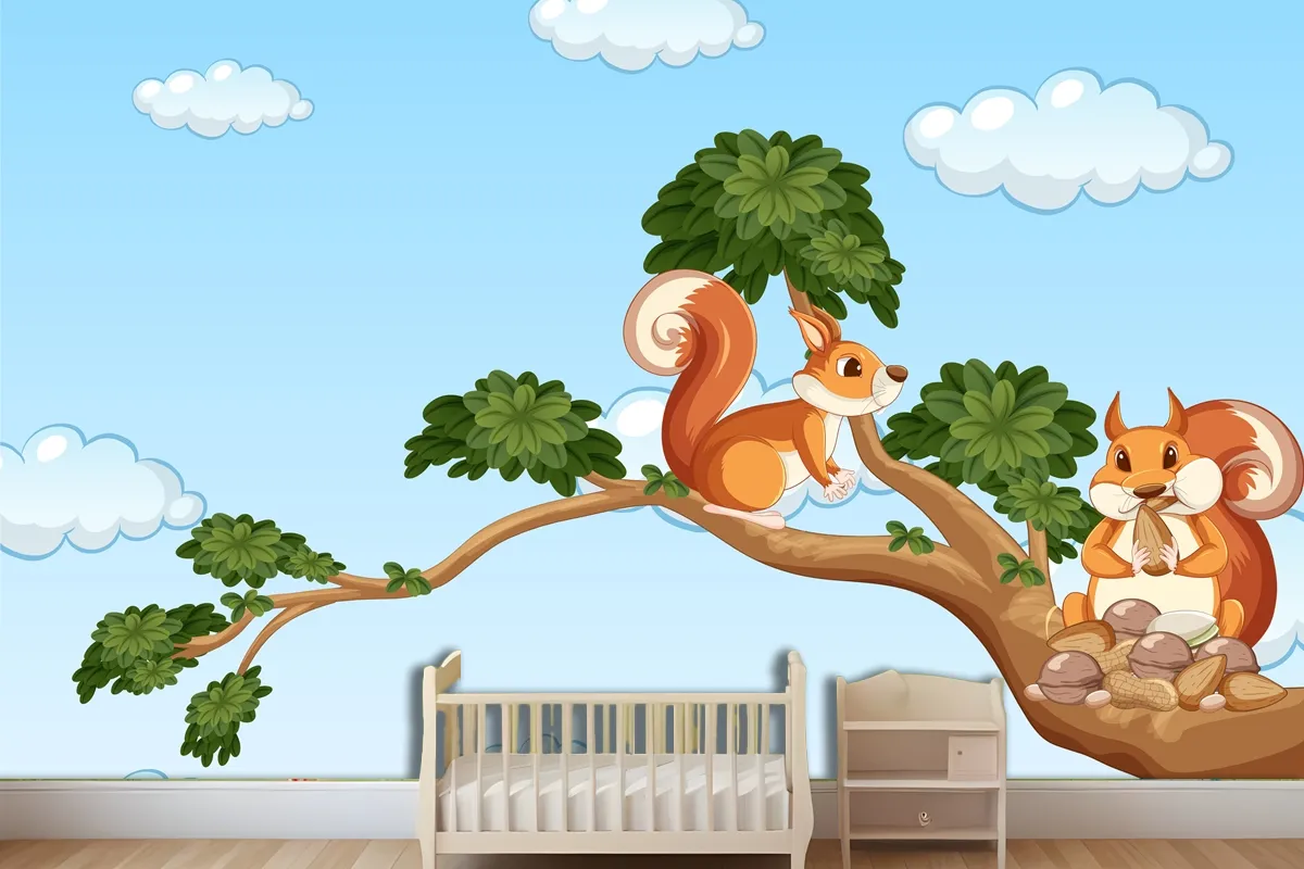 Two Squirrels On The Branch Wallpaper Mural