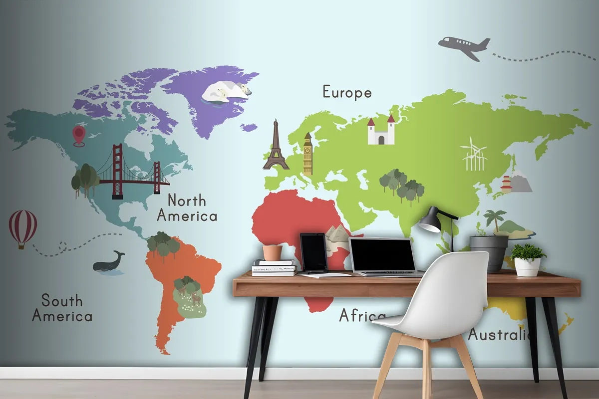 World Continent Map Location Graphic Wallpaper Mural