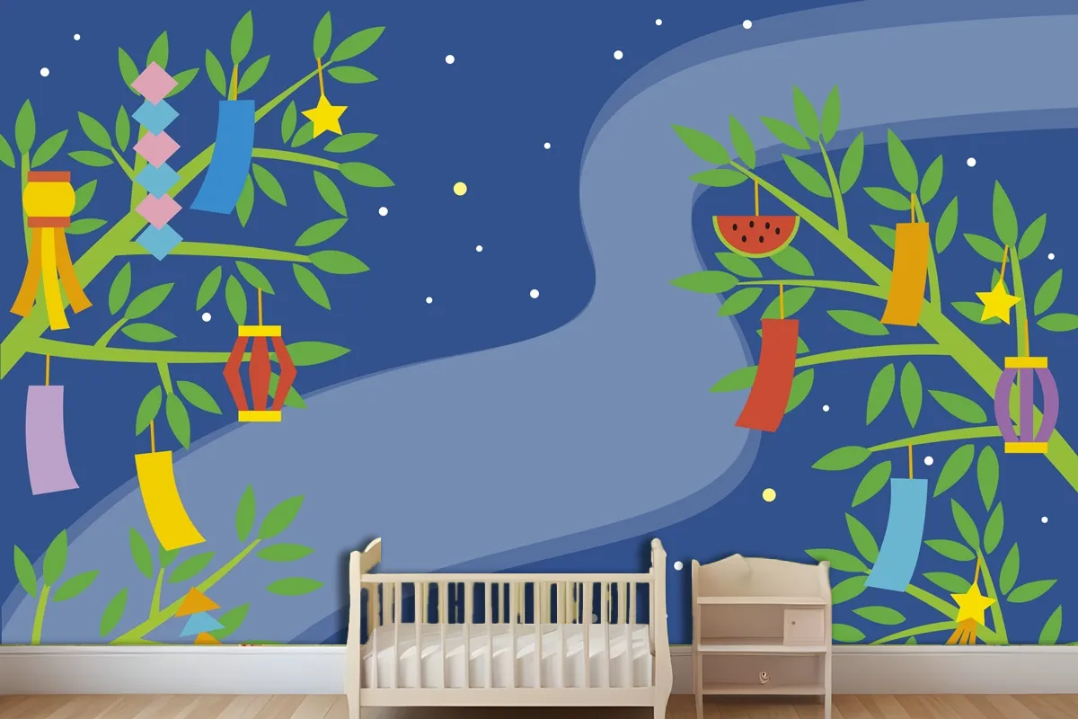 Flat Tanabata Background With Ornaments In Branches Wallpaper Mural