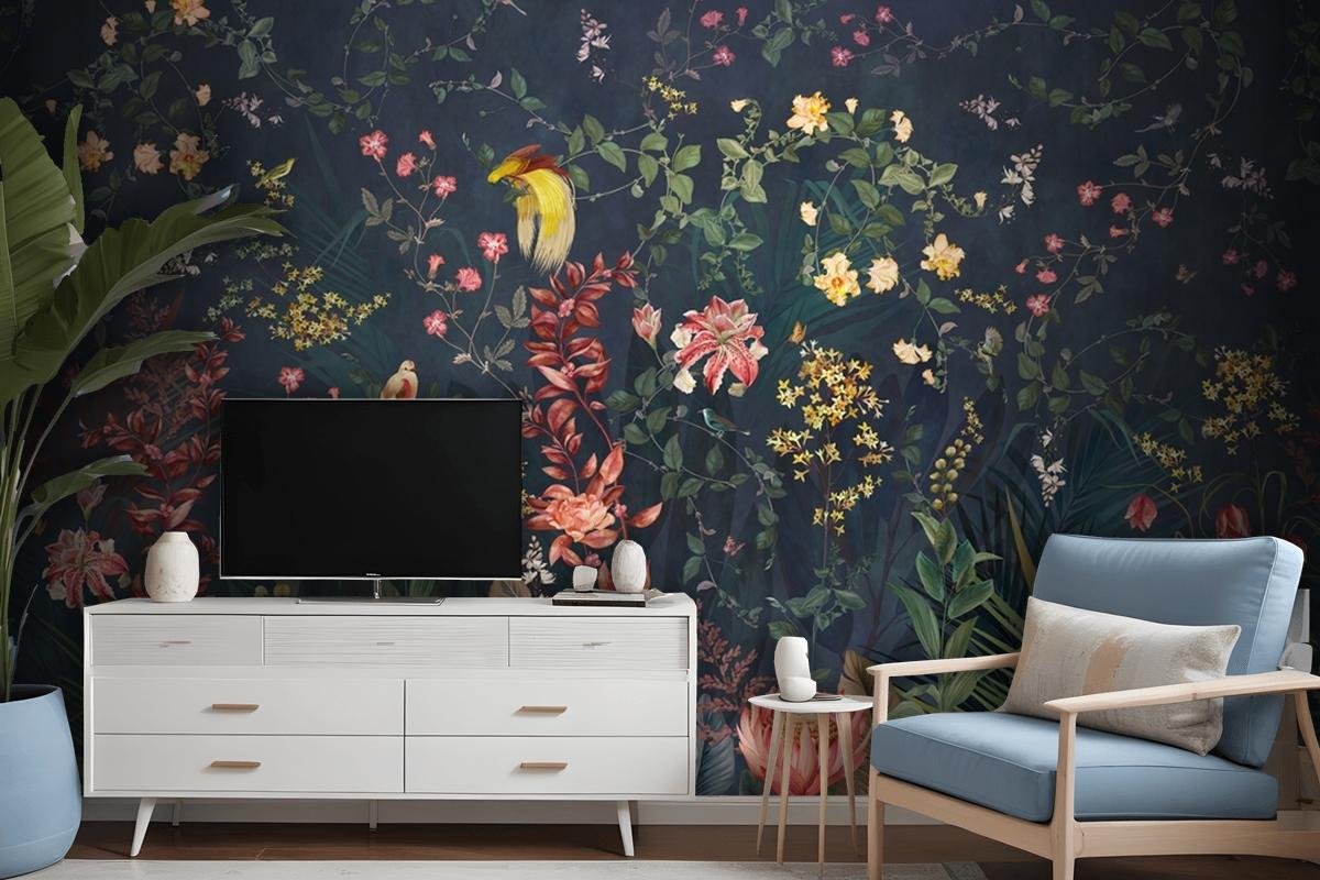 Chinoiserie Vintage Floral With Exotic Birds And Flowers Wallpaper Mural