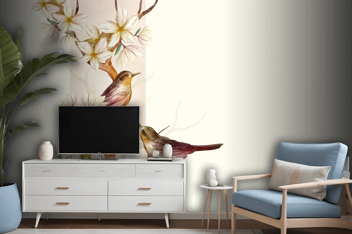 Asian Flower Watercolor With Birds Wallpaper Mural