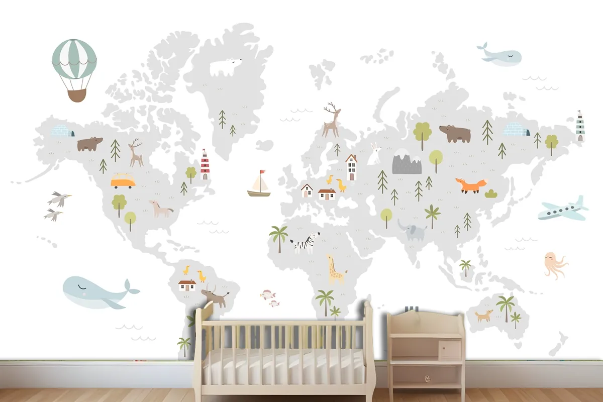 World Map With Animals Houses Nature Elements Wallpaper Mural