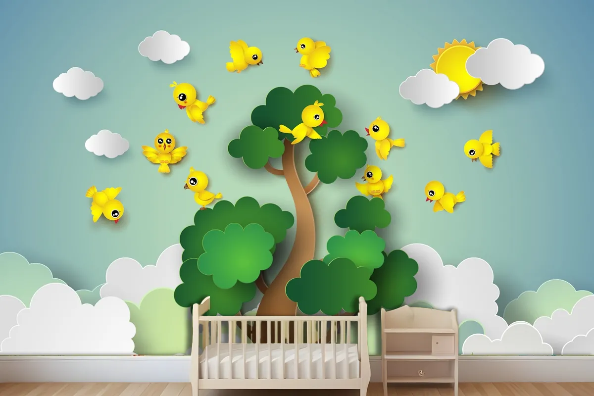 Bird Flying Around A Tree Wallpaper Mural