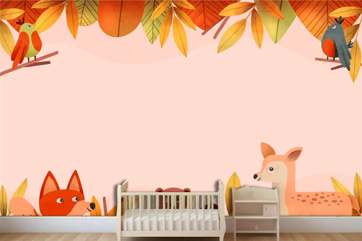 Watercolor Forest Animal And Leaves Wallpaper Mural