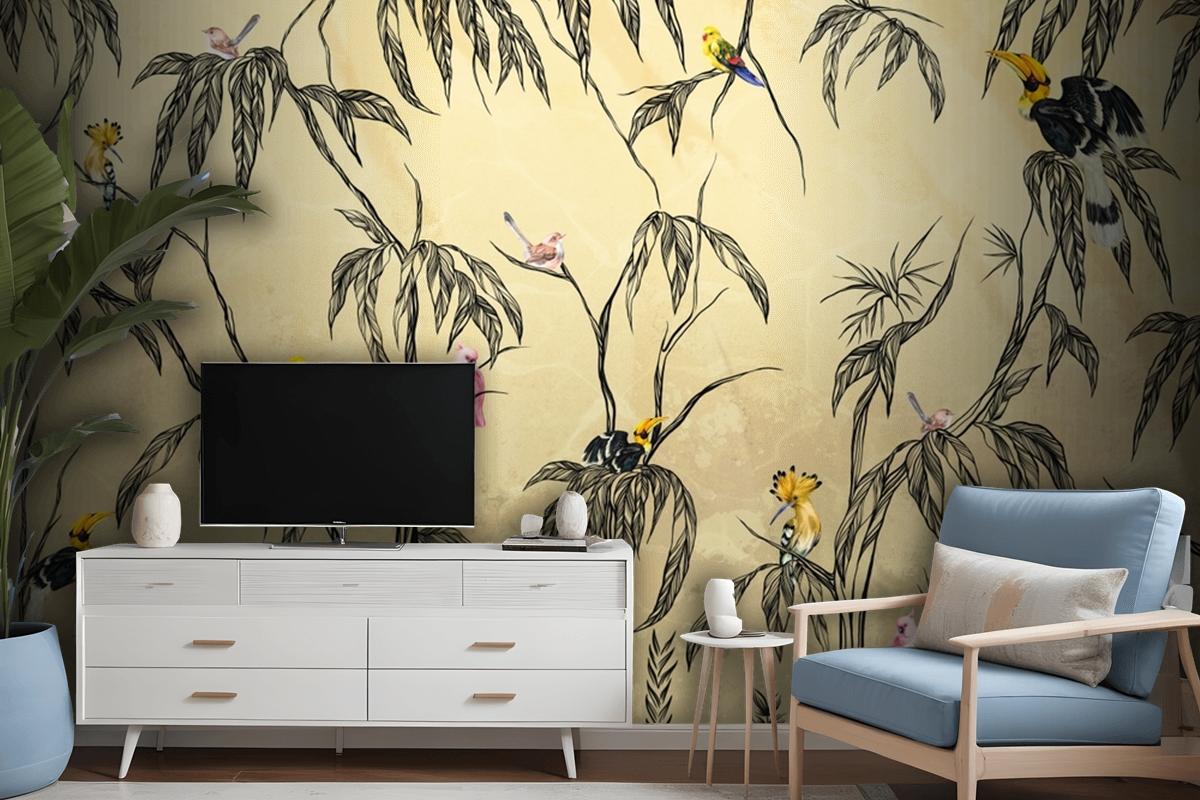 Bird In The Tropics On A Textured Beige Wallpaper Mural