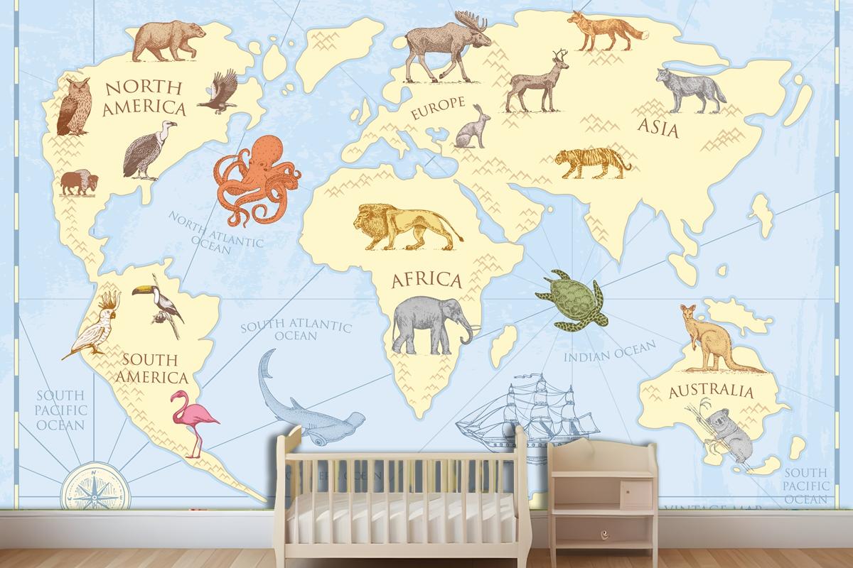 Vintage World Map With Wild Animals Wallpaper Mural