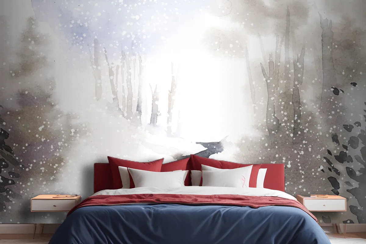 Winter Wonderland Landscape Painted By Watercolor Wallpaper Mural