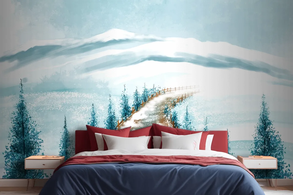 Winter Landscape With Snowy Christmas Tree Card Wallpaper Mural