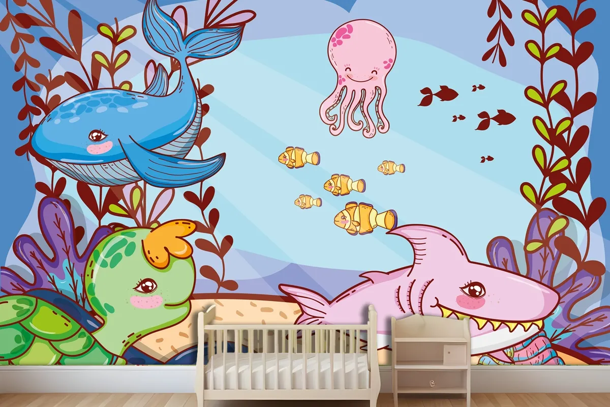 Cute Sea Animals With Seaweed Plants Wallpaper Mural