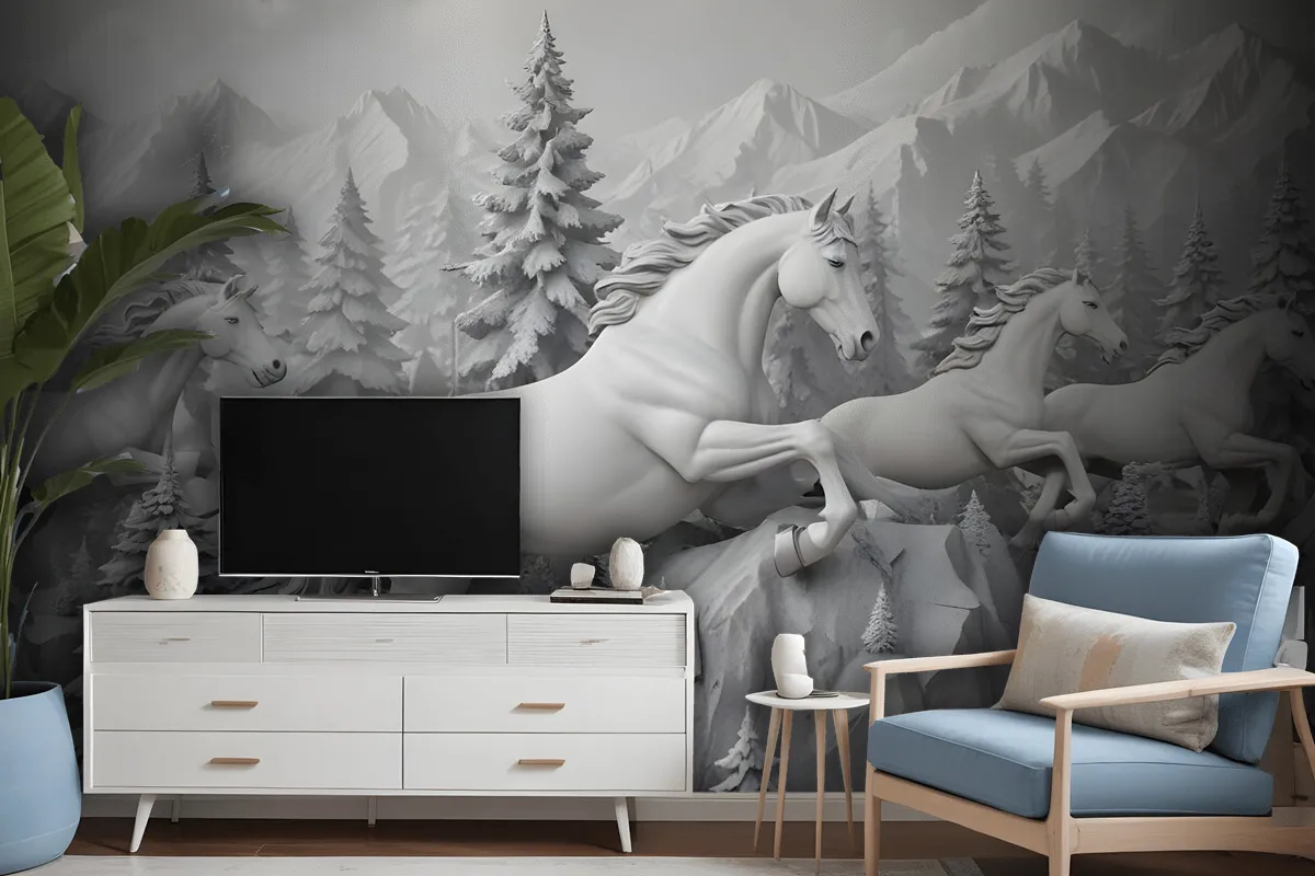 3D Embossed Look Cement Angel Horses Wallpaper Mural