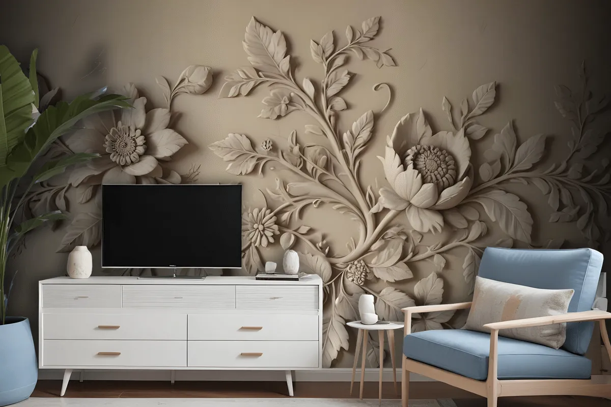 3D Embossed Look Cement Floral Tree Wallpaper Mural