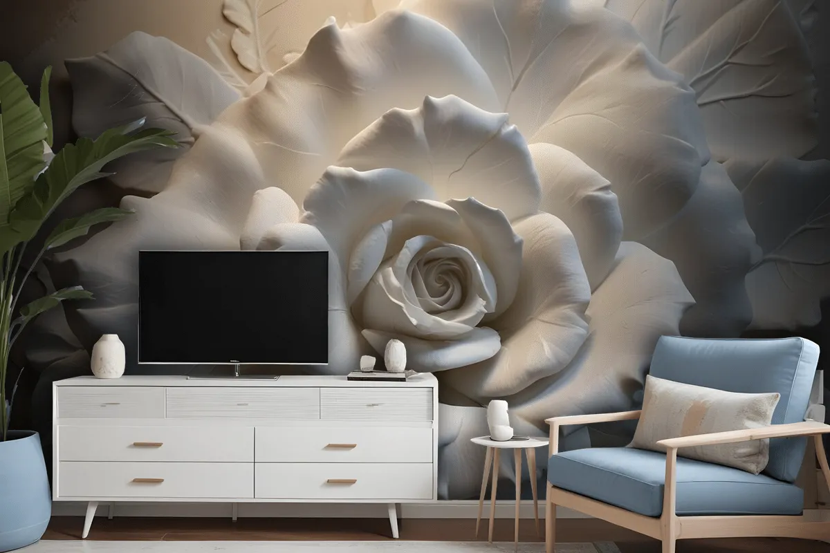 3D Embossed Look Cement Roses Wallpaper Mural