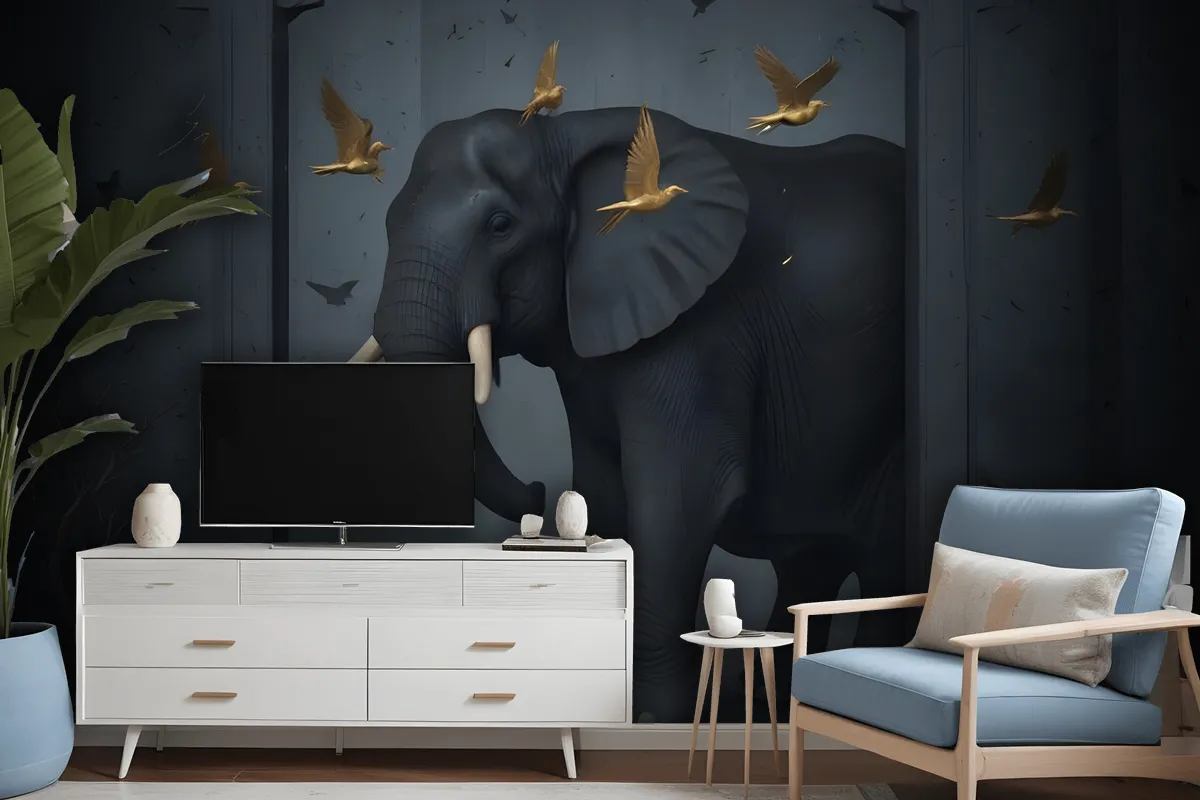 3D Embossed Look Dark Elephant And Birds Wallpaper Mural