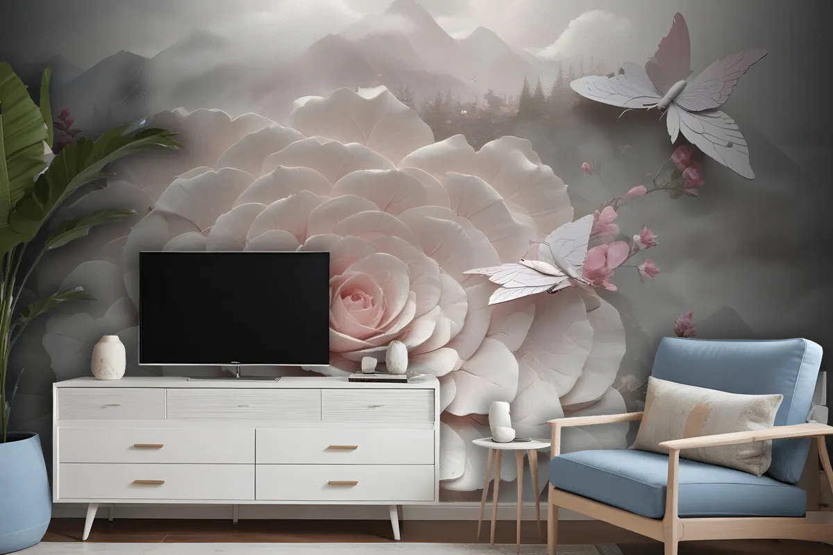 3D Embossed Look Flowers And Butterfly Wallpaper Mural