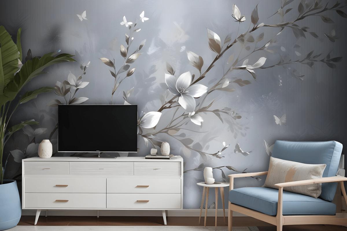 3D Embossed Look Magnolia Blossom And Butterfly Wallpaper Mural